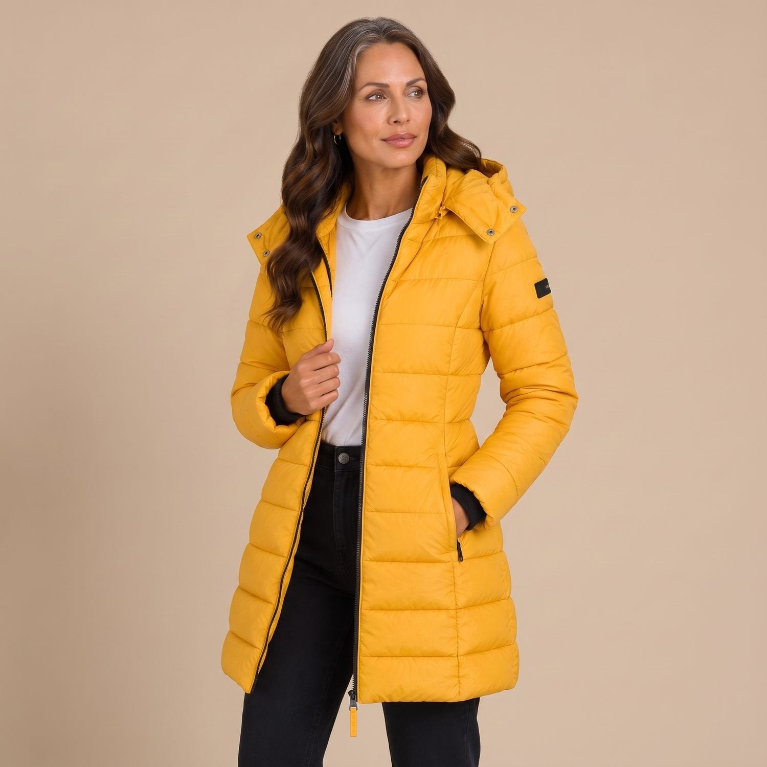 Cozy Navy Puffer Jacket for Women with Hooded Collar Zip Up Quilted Longline Winter Coat Style