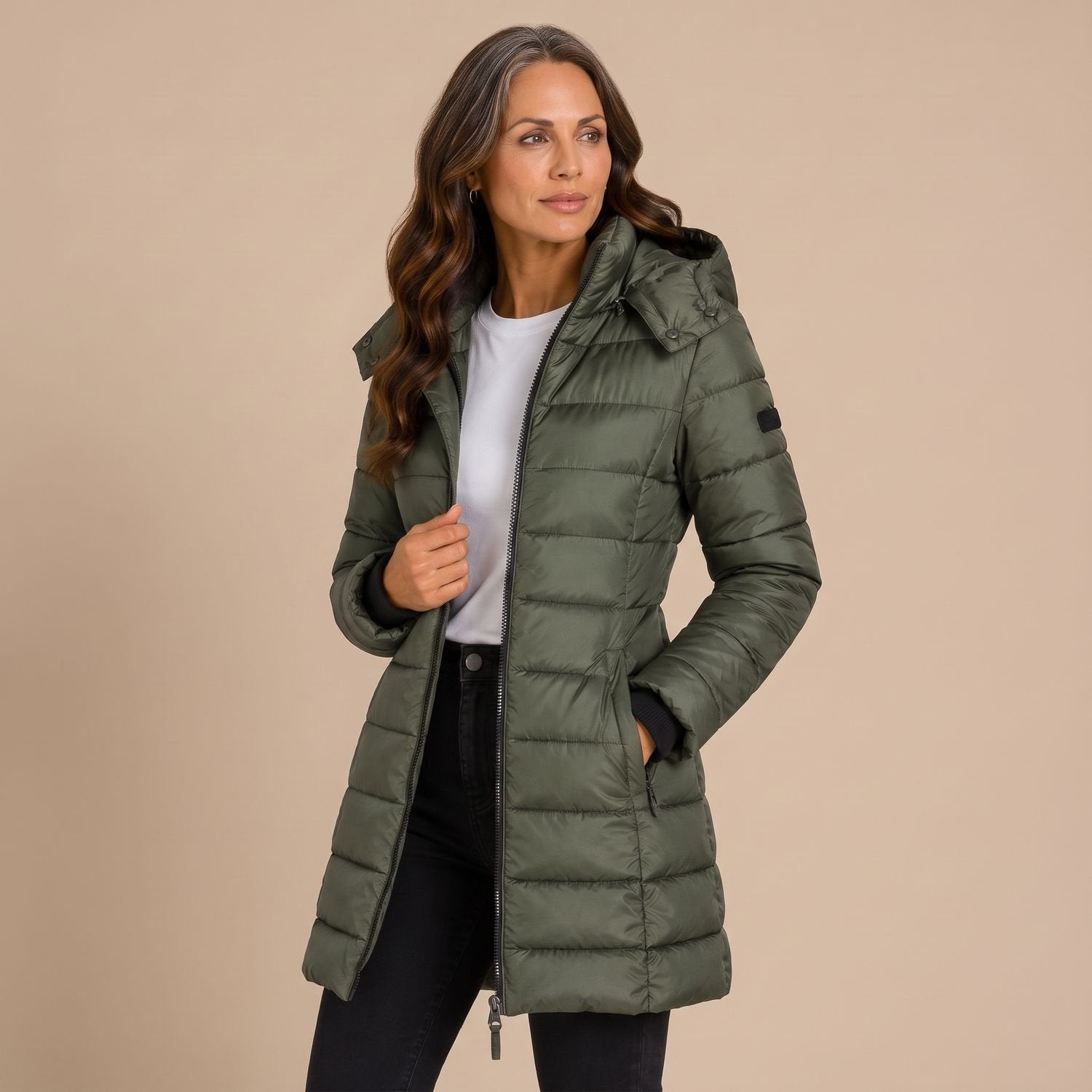 Cozy Navy Puffer Jacket for Women with Hooded Collar Zip Up Quilted Longline Winter Coat Style