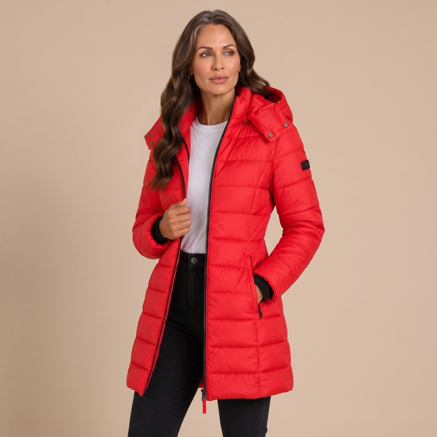 Cozy Navy Puffer Jacket for Women with Hooded Collar Zip Up Quilted Longline Winter Coat Style