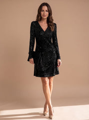 Elegant Sequin Cocktail Mini Dress for Women with V-Neck Long Sleeve Wrap Bodycon Holiday Party Style
