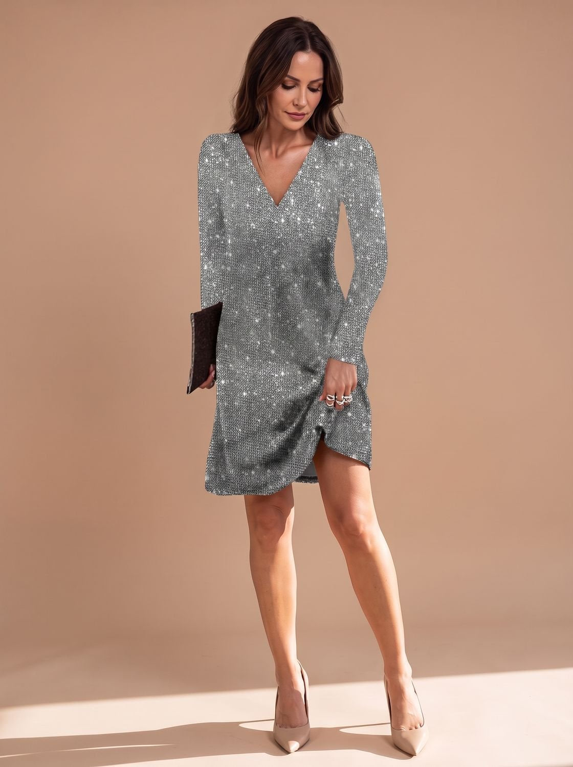 Elegant Sequin Cocktail Mini Dress for Women with V-Neck Long Sleeve Wrap Bodycon Holiday Party Style