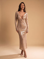 Elegant Champagne Sequin Cocktail Midi Dress for Women with Long Sleeve V-Neck Bodycon Holiday Party Style