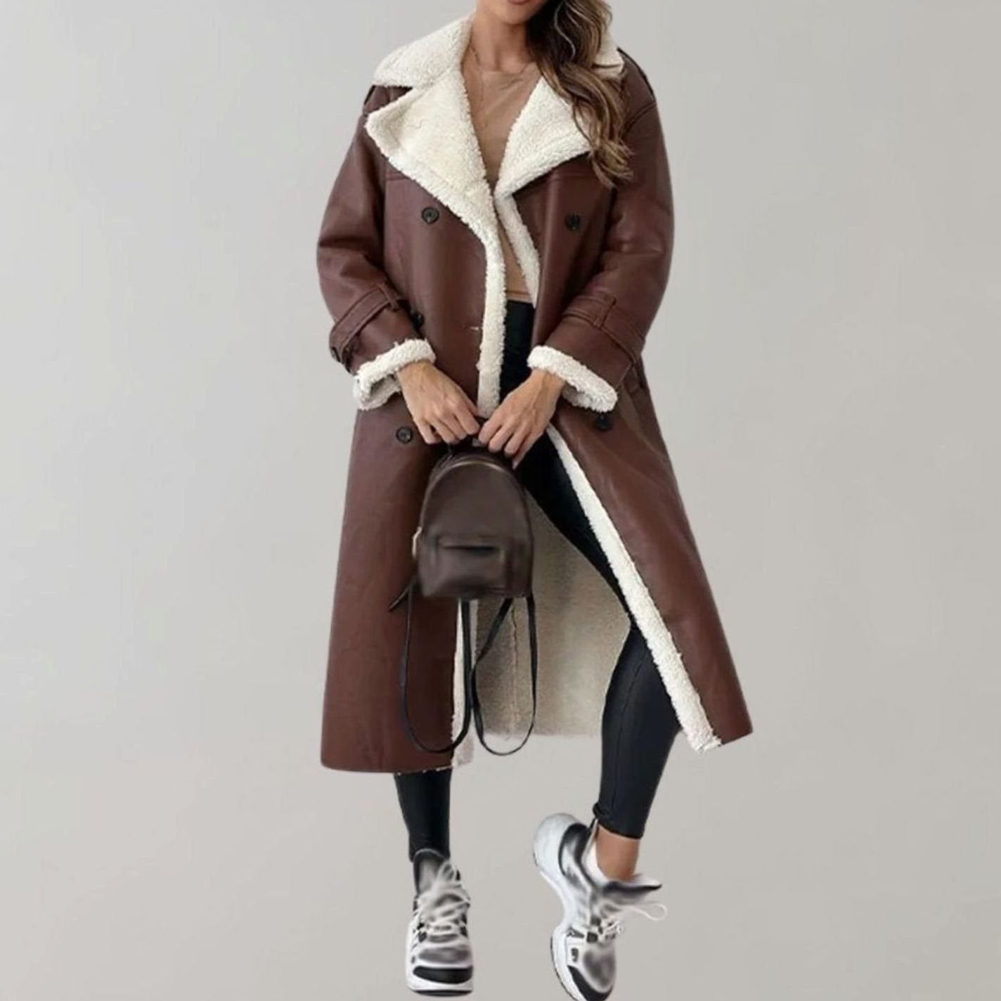 Chic Long Teddy Coat for Women with Notched Lapel Long Sleeve Belted Shearling Style