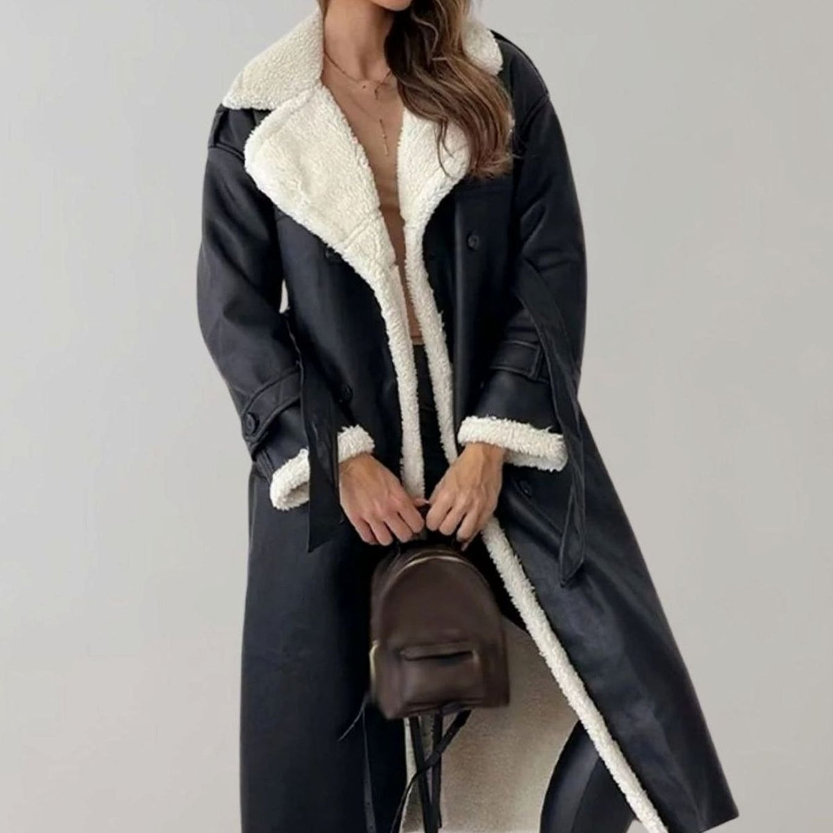 Chic Long Teddy Coat for Women with Notched Lapel Long Sleeve Belted Shearling Style