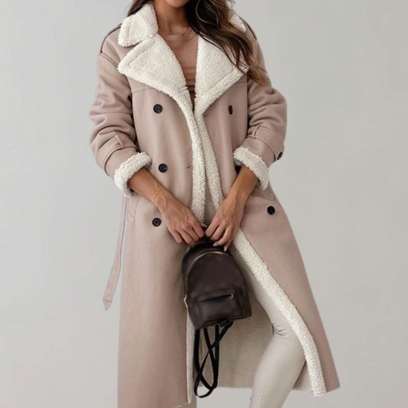 Chic Long Teddy Coat for Women with Notched Lapel Long Sleeve Belted Shearling Style