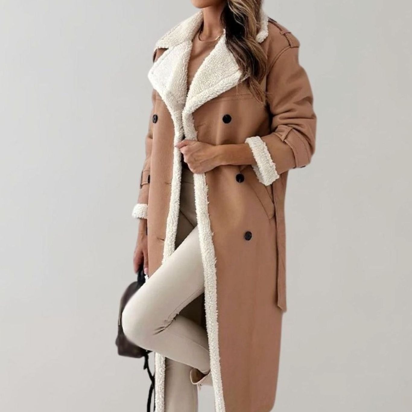 Chic Long Teddy Coat for Women with Notched Lapel Long Sleeve Belted Shearling Style