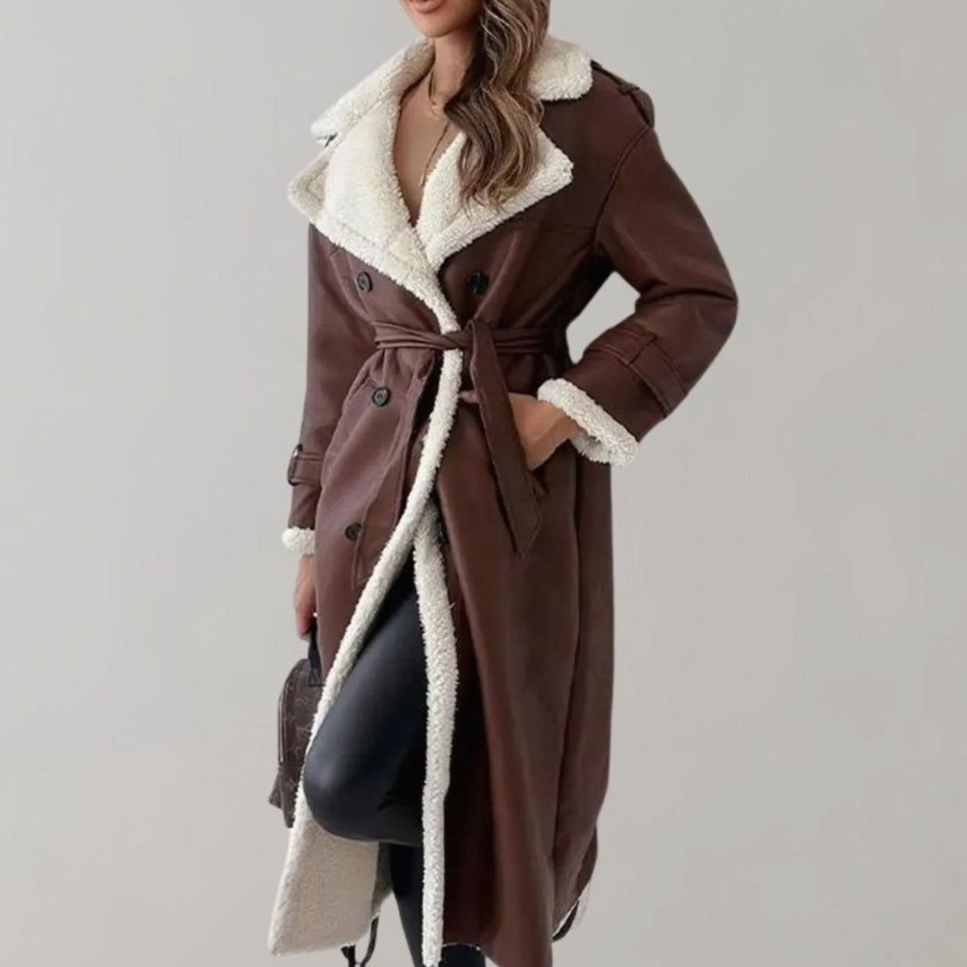 Chic Long Teddy Coat for Women with Notched Lapel Long Sleeve Belted Shearling Style