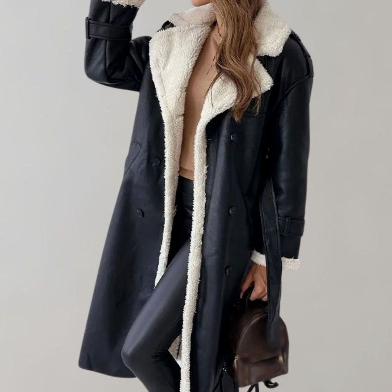 Chic Long Teddy Coat for Women with Notched Lapel Long Sleeve Belted Shearling Style