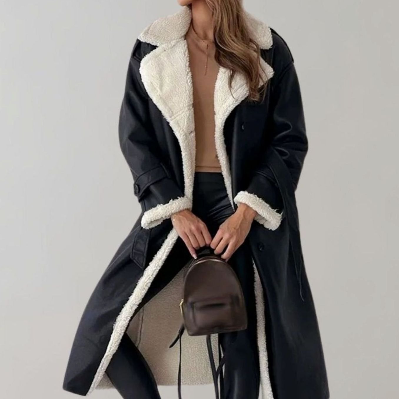 Chic Long Teddy Coat for Women with Notched Lapel Long Sleeve Belted Shearling Style