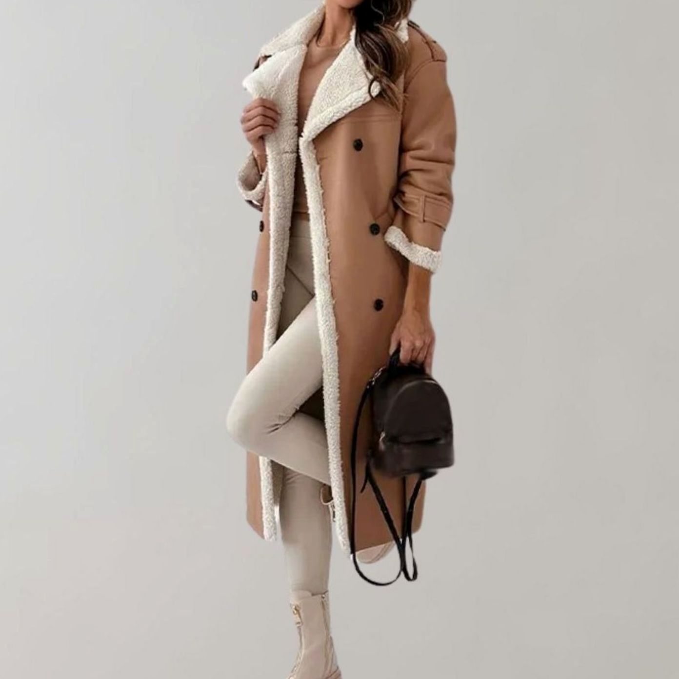 Chic Long Teddy Coat for Women with Notched Lapel Long Sleeve Belted Shearling Style