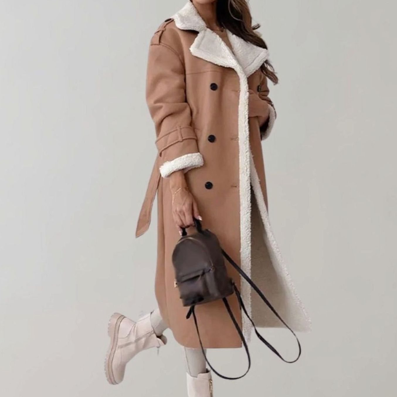 Chic Long Teddy Coat for Women with Notched Lapel Long Sleeve Belted Shearling Style