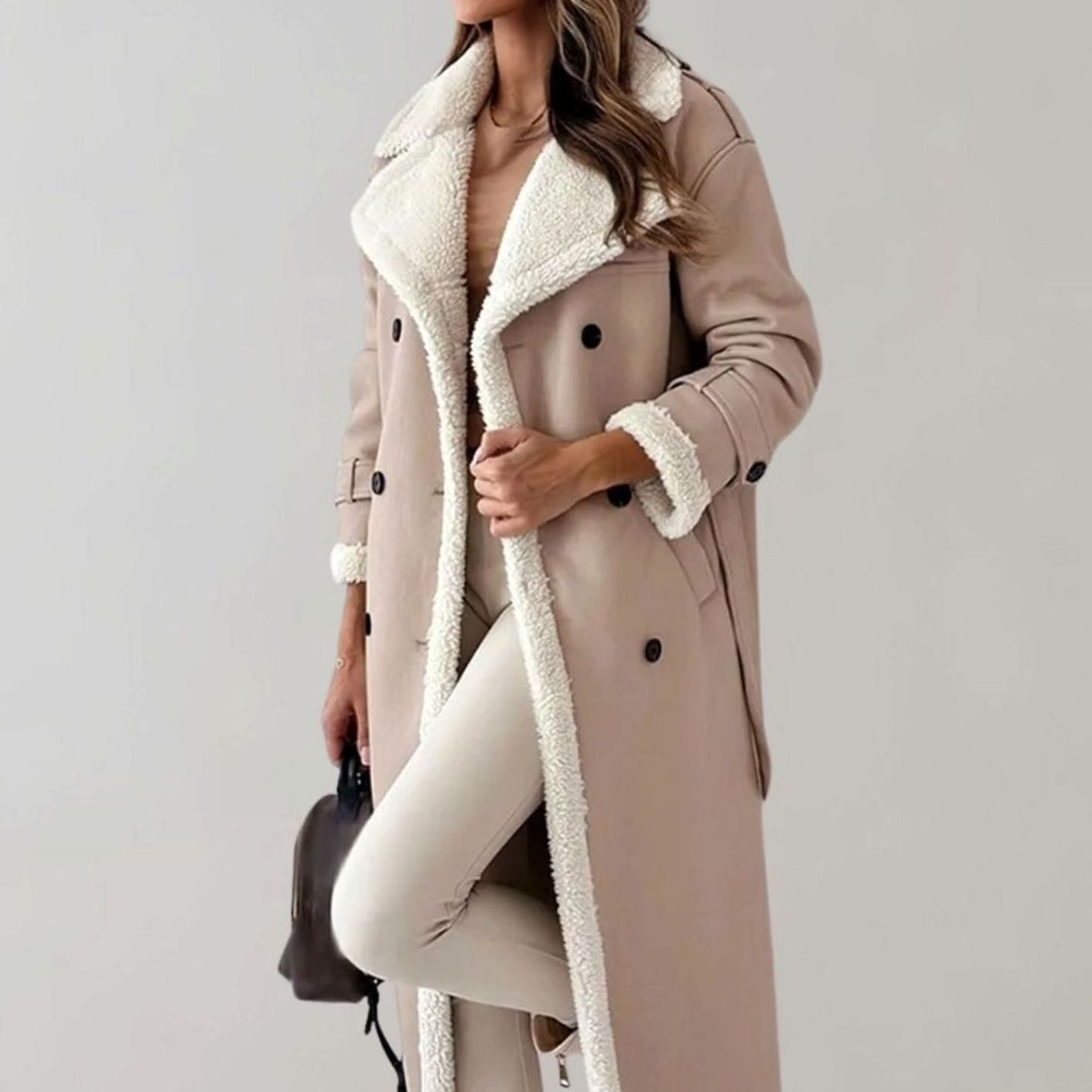 Chic Long Teddy Coat for Women with Notched Lapel Long Sleeve Belted Shearling Style