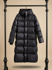 Cozy Black Longline Puffer Coat for Women with Hooded Collar Long Sleeve Glossy Zip Winter Style