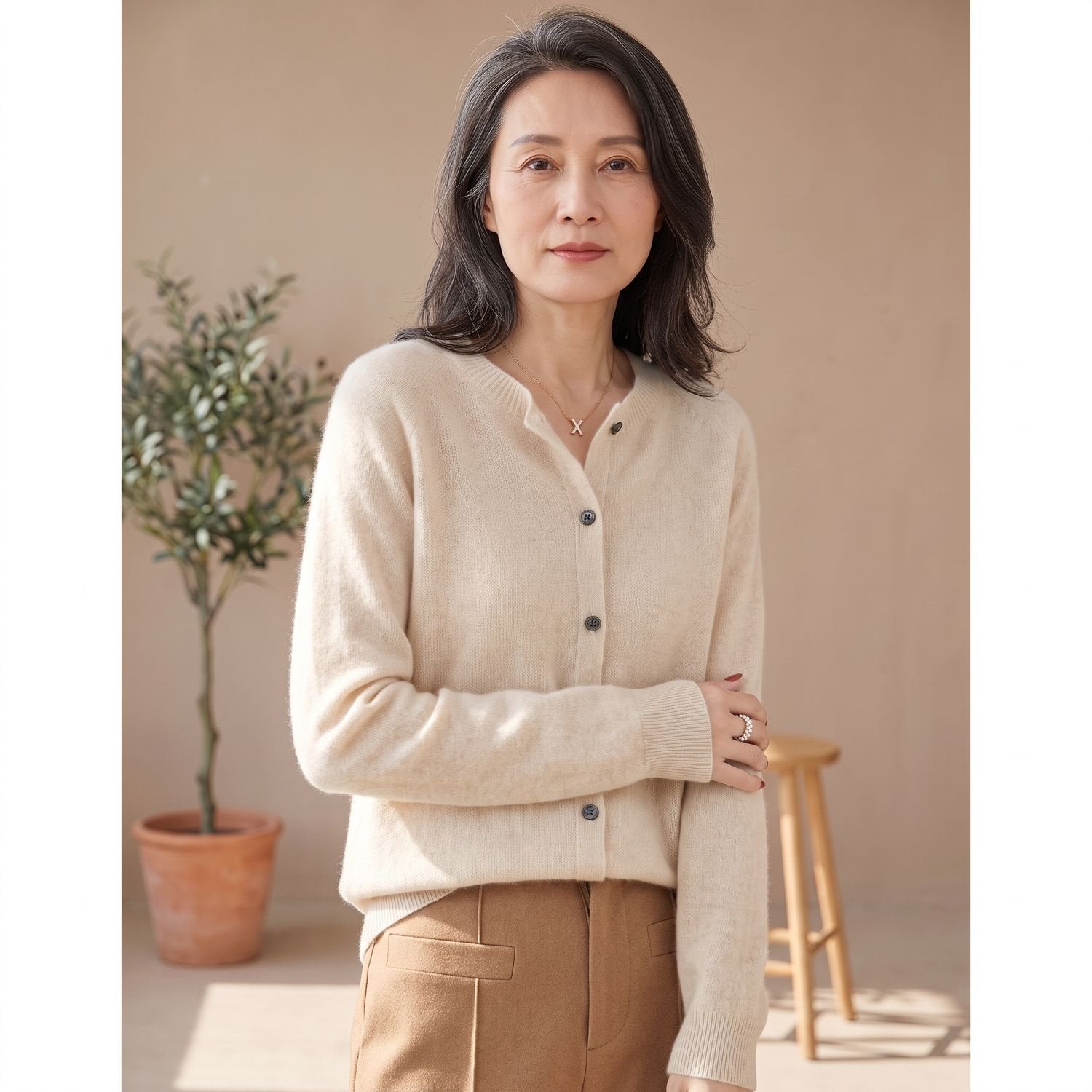 Cozy Purple Cashmere Cardigan Sweater for Women with Round Neck Button Front Long Sleeve Knit Style