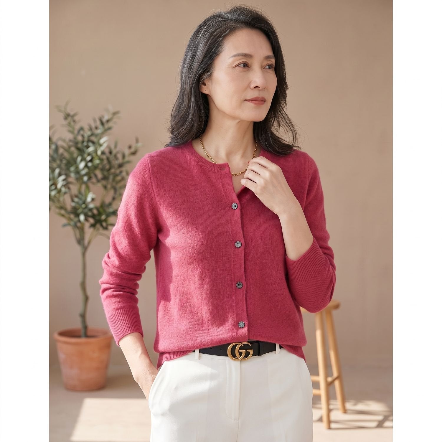 Cozy Purple Cashmere Cardigan Sweater for Women with Round Neck Button Front Long Sleeve Knit Style