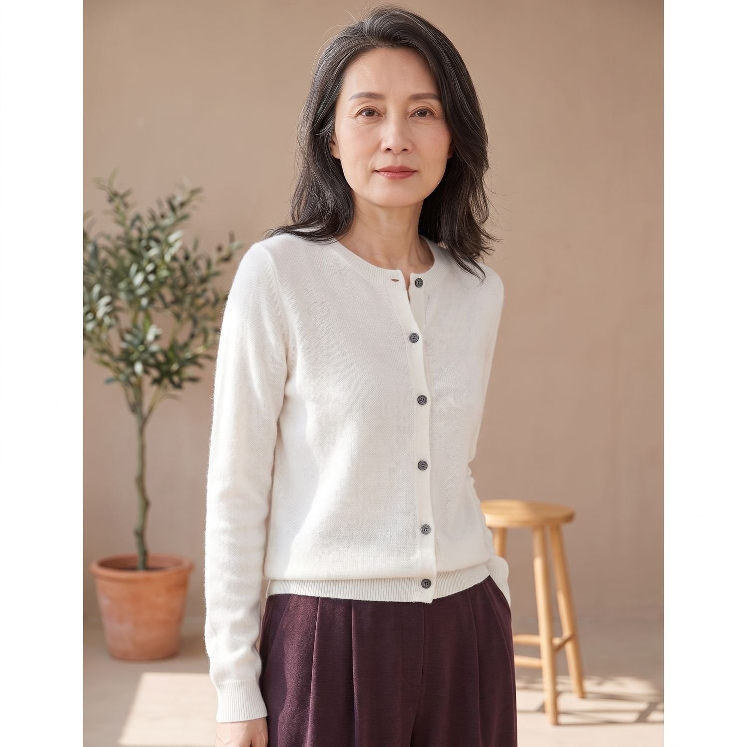 Cozy Purple Cashmere Cardigan Sweater for Women with Round Neck Button Front Long Sleeve Knit Style