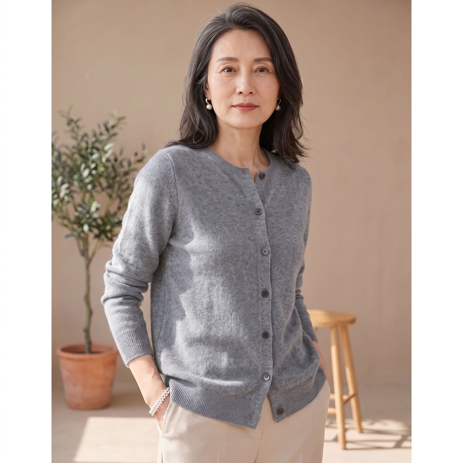 Cozy Purple Cashmere Cardigan Sweater for Women with Round Neck Button Front Long Sleeve Knit Style