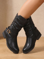 Chic Black Faux Leather Slouch Boots for Women with Buckle Strap Mid-Calf Side-Zip Block Heel Style