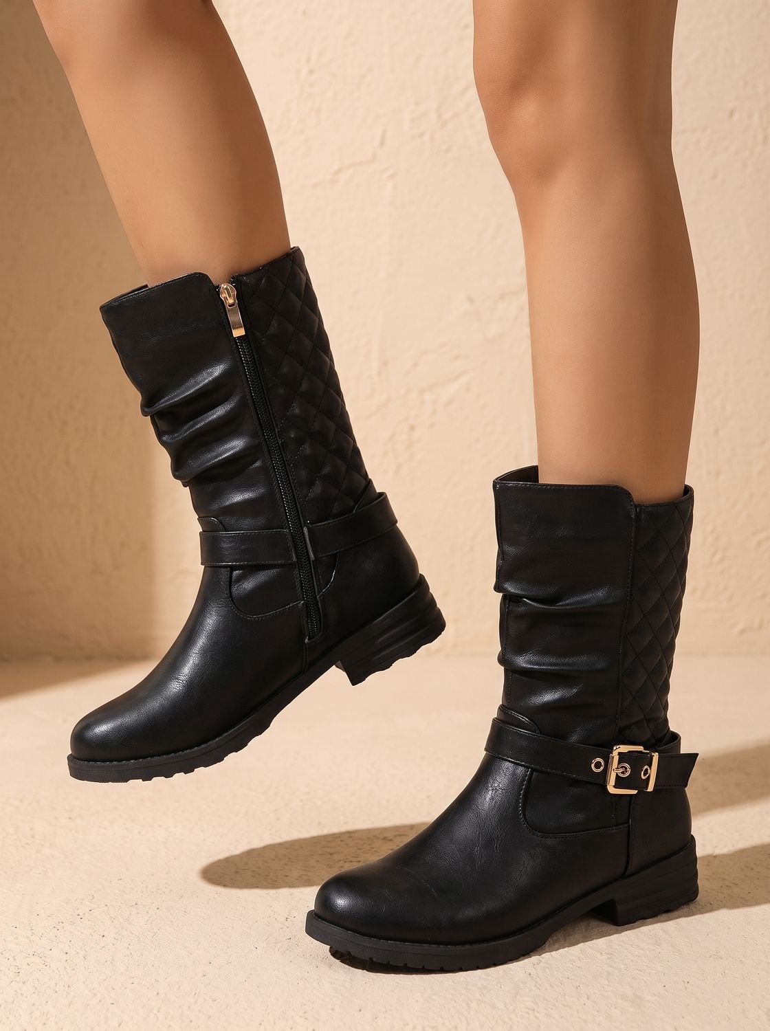 Chic Black Faux Leather Slouch Boots for Women with Buckle Strap Mid-Calf Side-Zip Block Heel Style