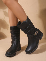 Chic Black Faux Leather Slouch Boots for Women with Buckle Strap Mid-Calf Side-Zip Block Heel Style