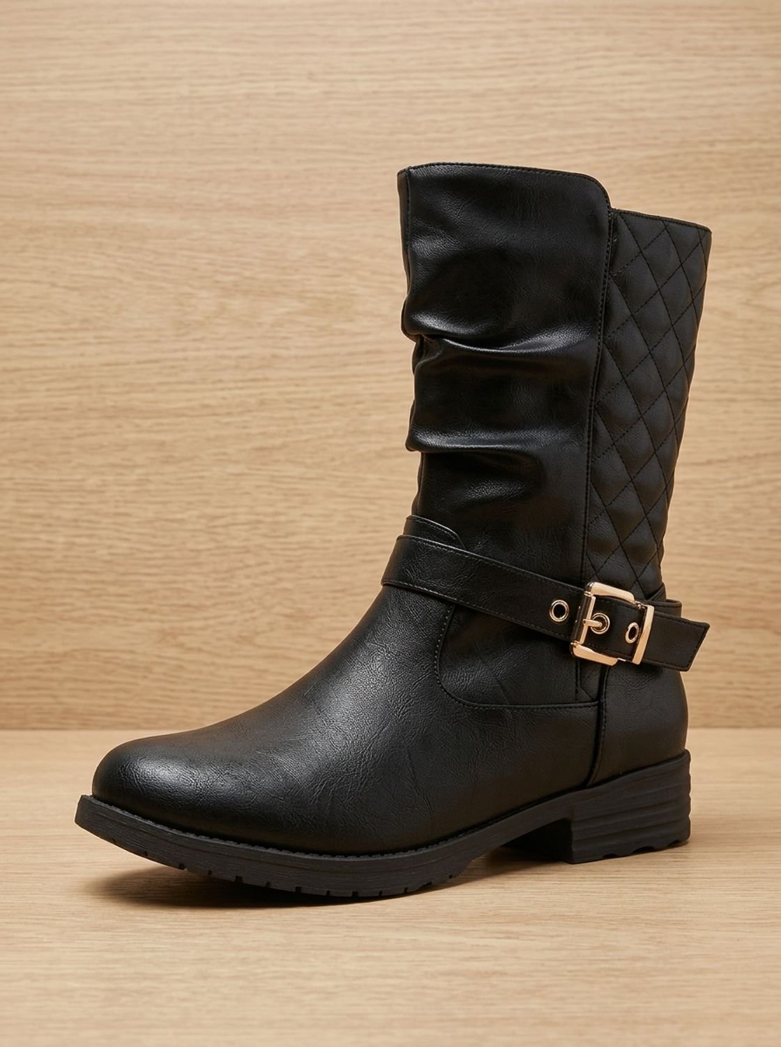Chic Black Faux Leather Slouch Boots for Women with Buckle Strap Mid-Calf Side-Zip Block Heel Style