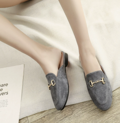 Comfortable Leather Mules for Women with Pointed Toe Chain Buckle Slip On Flat Loafer Style