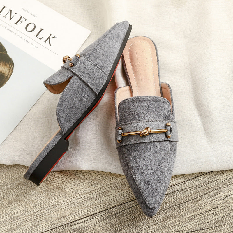 Elegant Leather Mules for Women with Pointed Toe Knot Buckle Slip On Flat Style