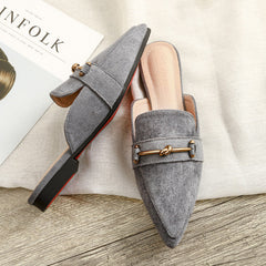 Elegant Leather Mules for Women with Pointed Toe Knot Buckle Slip On Flat Style