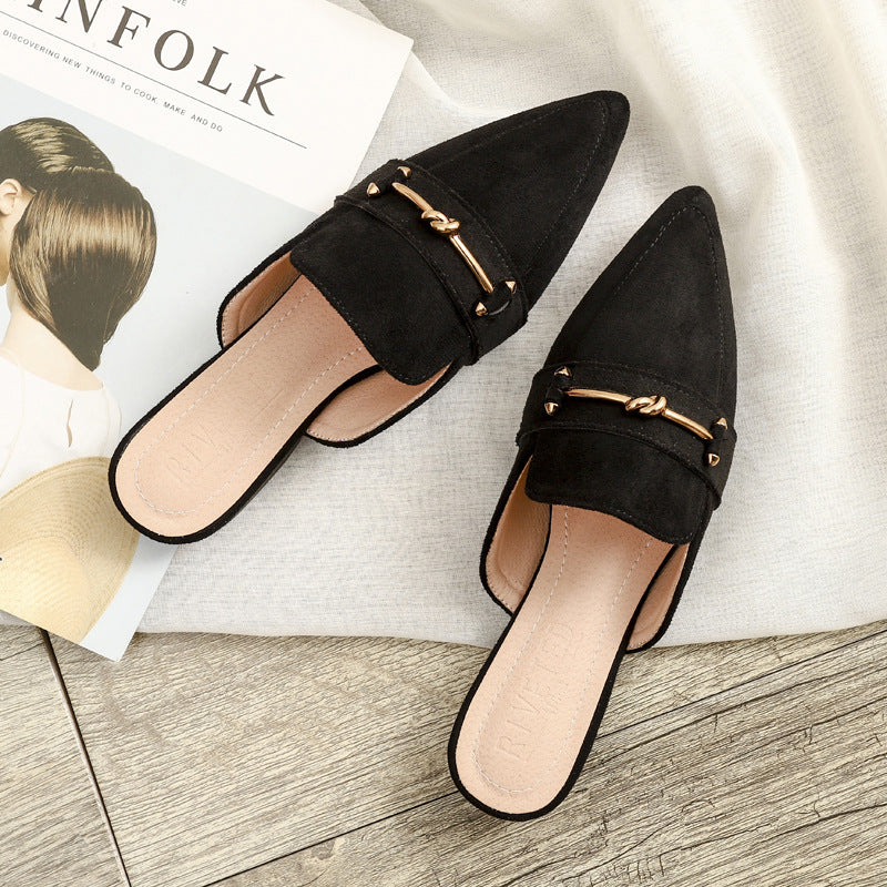 Elegant Leather Mules for Women with Pointed Toe Knot Buckle Slip On Flat Style