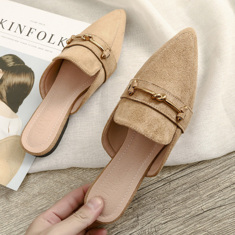 Elegant Leather Mules for Women with Pointed Toe Knot Buckle Slip On Flat Style