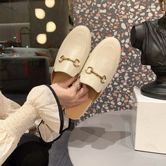 Comfortable Leather Mules for Women with Round Toe Chain Buckle Slip On Flat Loafer Style