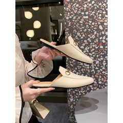 Comfortable Leather Mules for Women with Round Toe Chain Buckle Slip On Flat Loafer Style
