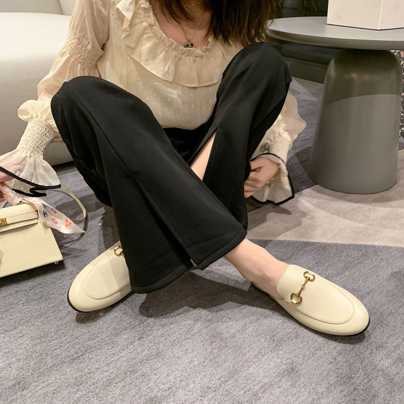 Comfortable Leather Mules for Women with Round Toe Chain Buckle Slip On Flat Loafer Style