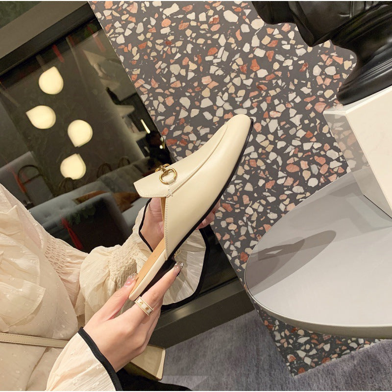 Comfortable Leather Mules for Women with Round Toe Chain Buckle Slip On Flat Loafer Style