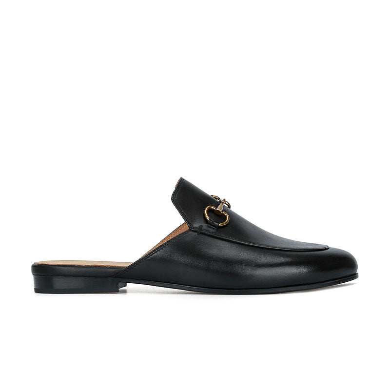 Comfortable Leather Mules for Women with Round Toe Chain Buckle Slip On Flat Loafer Style