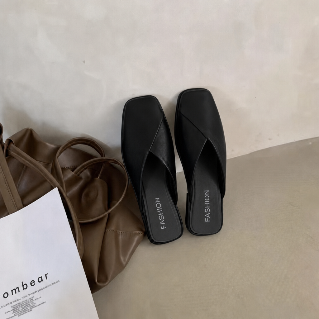 Comfortable Leather Mules for Women with Square Toe Slip On Flat Slide Style
