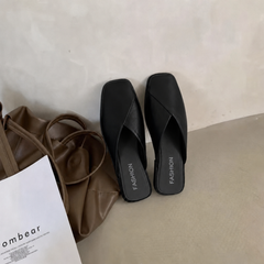 Comfortable Leather Mules for Women with Square Toe Slip On Flat Slide Style