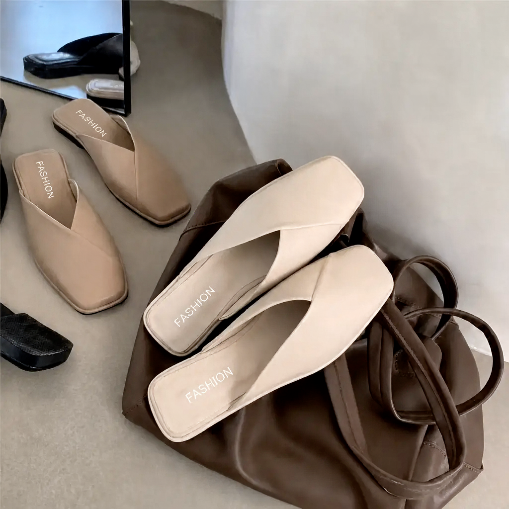 Comfortable Leather Mules for Women with Square Toe Slip On Flat Slide Style