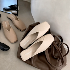 Comfortable Leather Mules for Women with Square Toe Slip On Flat Slide Style