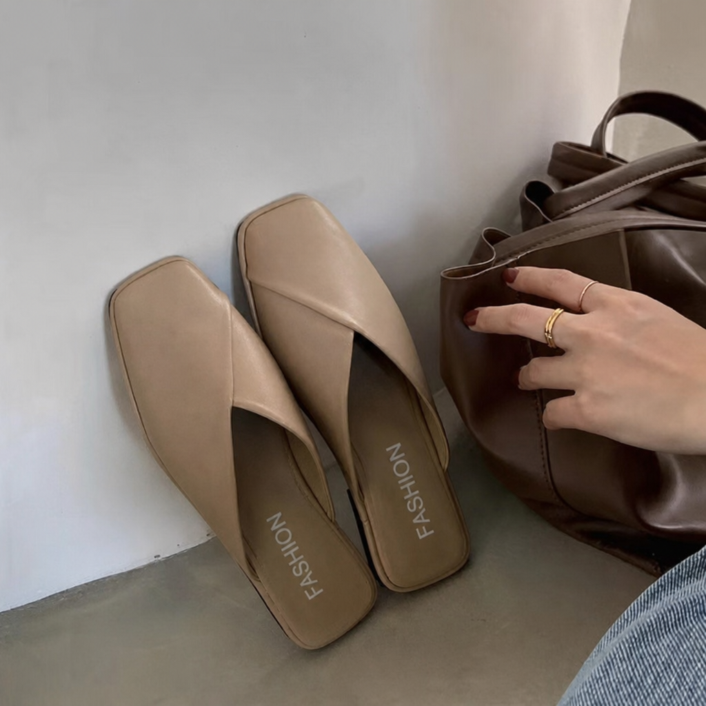 Comfortable Leather Mules for Women with Square Toe Slip On Flat Slide Style