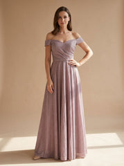 Elegant Mauve Glitter Wedding Guest Gown for Women with Off-Shoulder Sweetheart Pleated Floor-Length Formal Style
