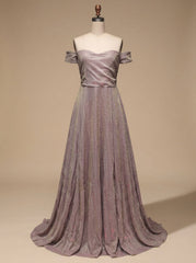 Elegant Mauve Glitter Wedding Guest Gown for Women with Off-Shoulder Sweetheart Pleated Floor-Length Formal Style