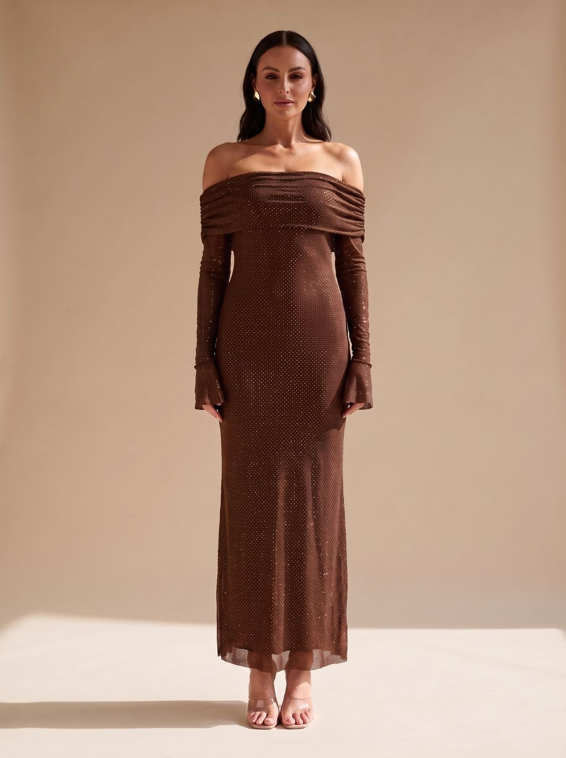 Elegant Brown Sequin Wedding Guest Gown for Women with Off-Shoulder Long Sleeve Floor-Length Fall Style