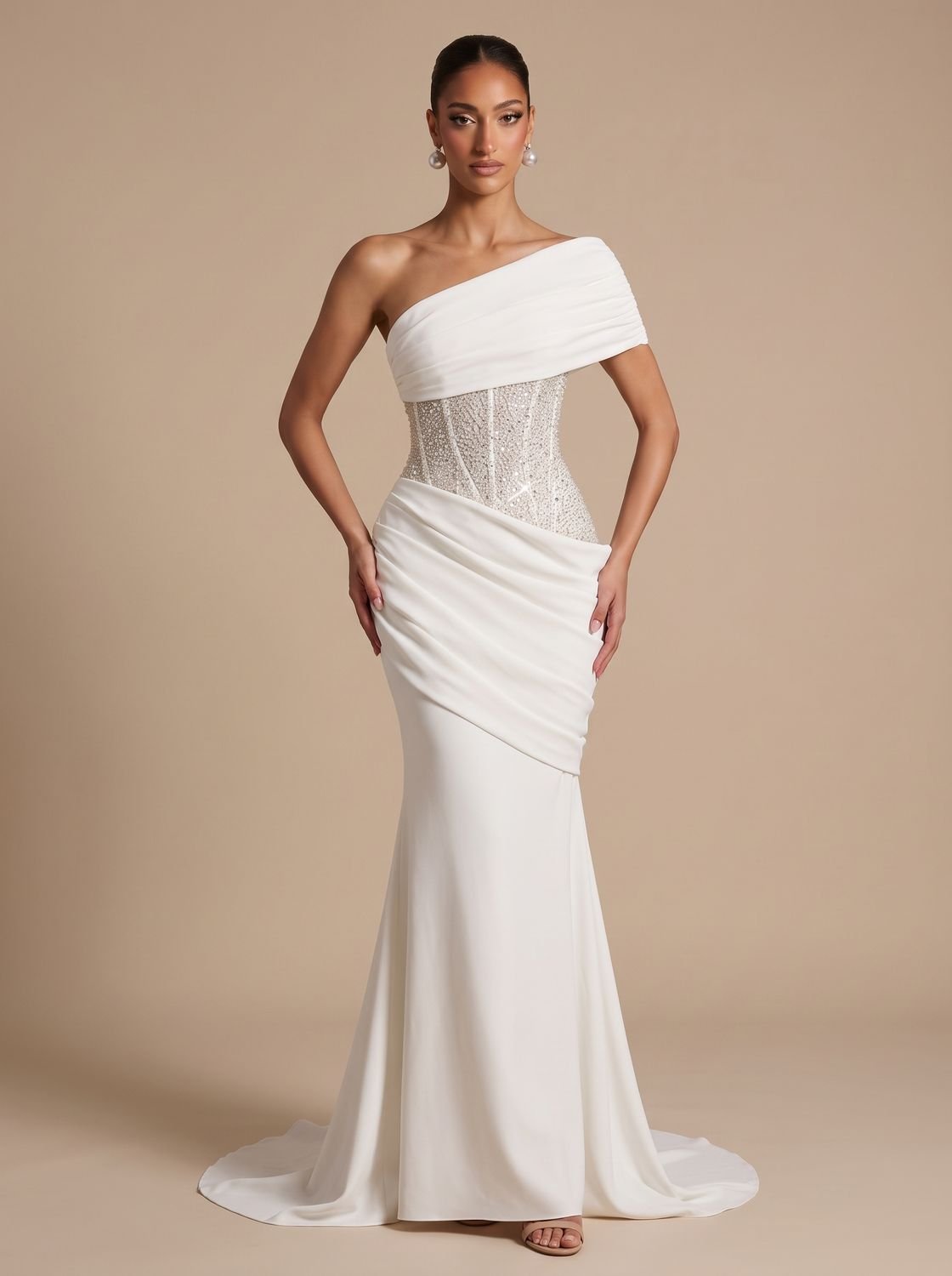 Elegant Formal Wedding Guest Gown for Women with One-Shoulder Embellished Corset Draped Floor-Length Style