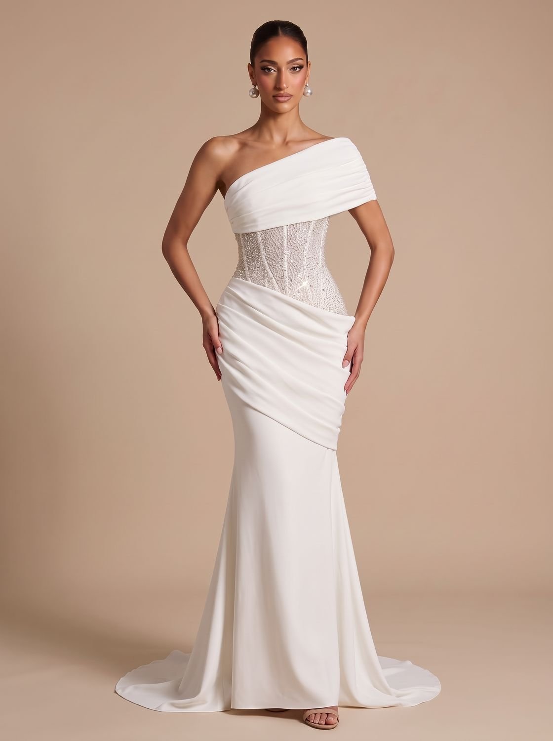 Elegant Formal Wedding Guest Gown for Women with One-Shoulder Embellished Corset Draped Floor-Length Style