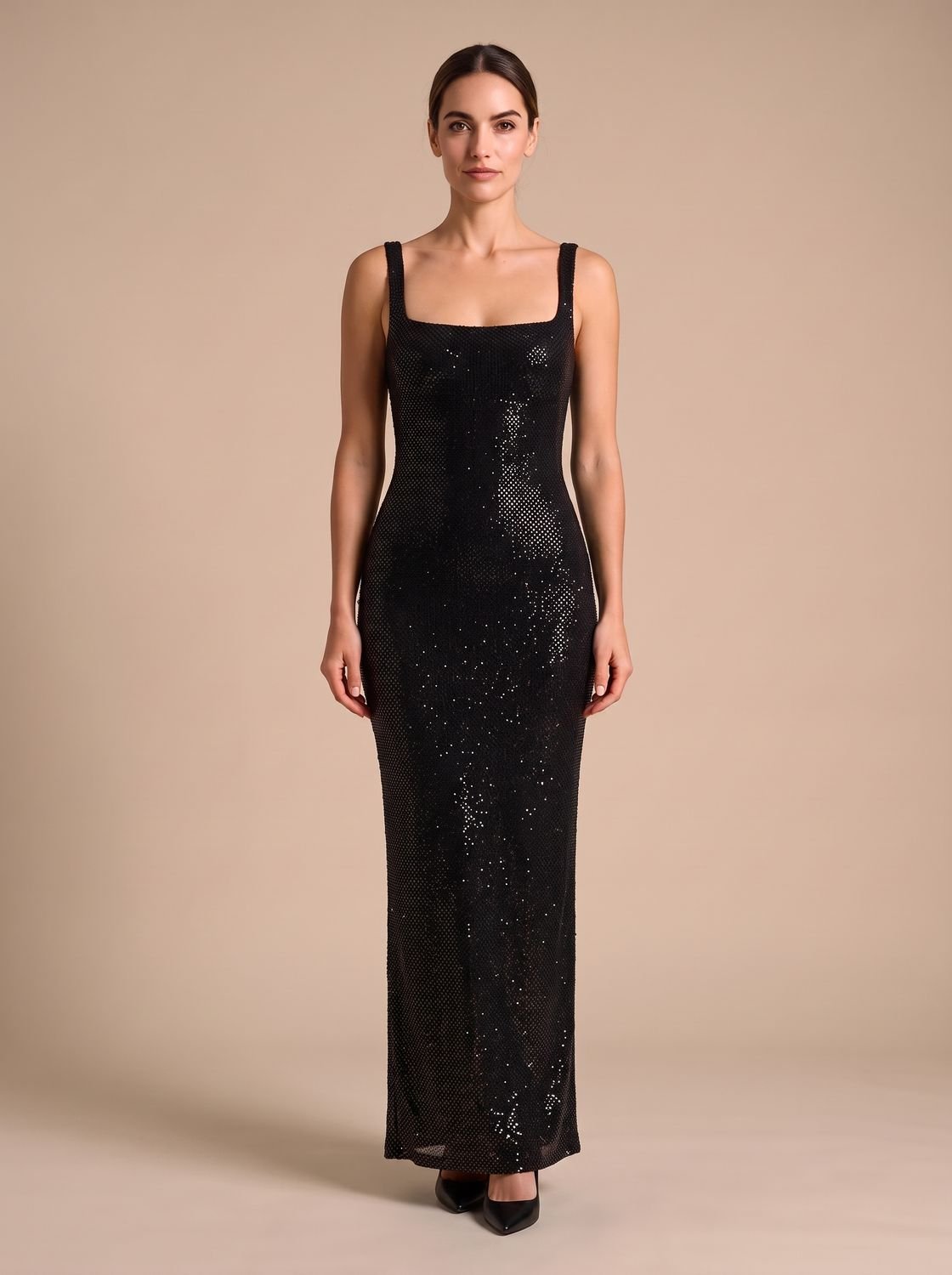 Elegant Sequin Wedding Guest Gown for Women with Square Neck Sleeveless Bodycon Floor-Length Formal Style