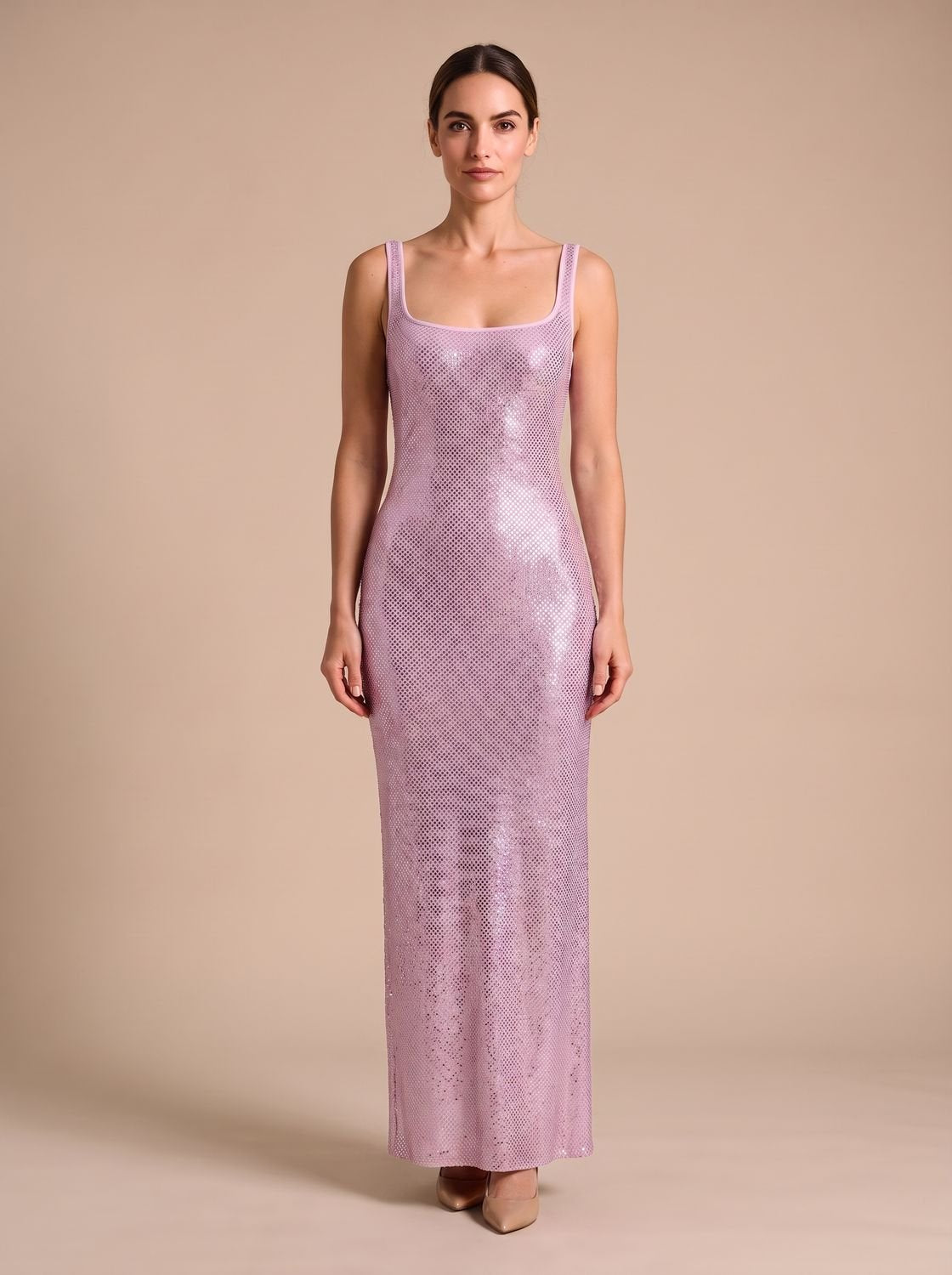Elegant Sequin Wedding Guest Gown for Women with Square Neck Sleeveless Bodycon Floor-Length Formal Style
