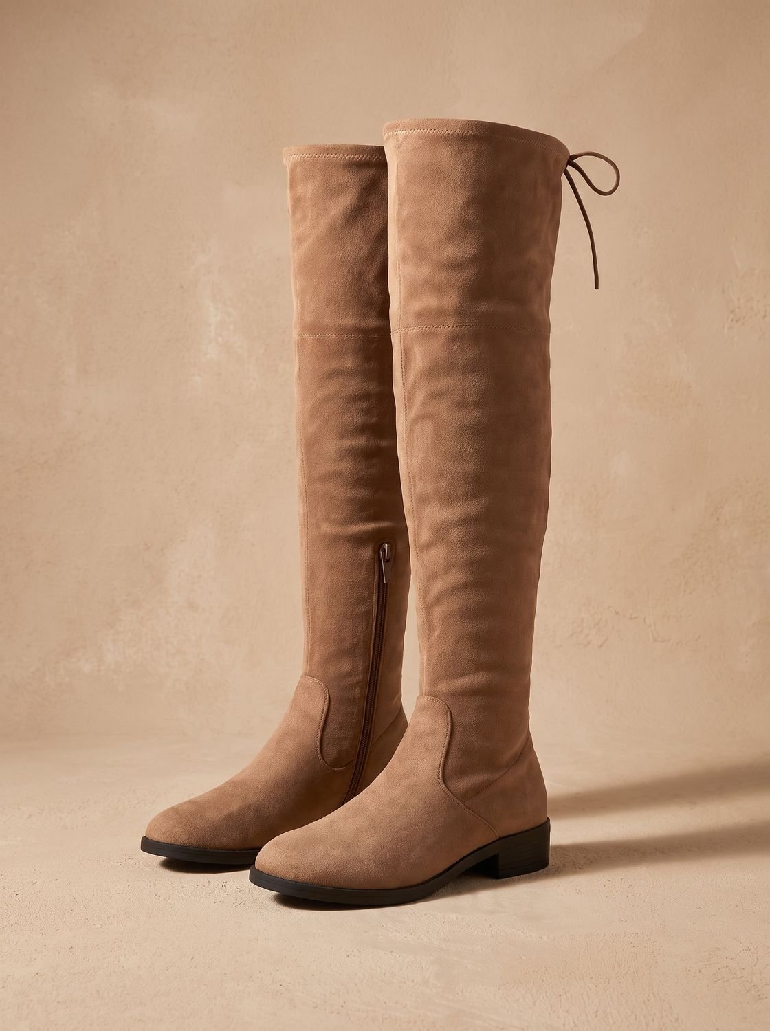Chic Faux Suede Over-the-Knee Boots for Women with Drawstring Side-Zip Flat Heel Round-Toe Style