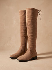 Chic Faux Suede Over-the-Knee Boots for Women with Drawstring Side-Zip Flat Heel Round-Toe Style
