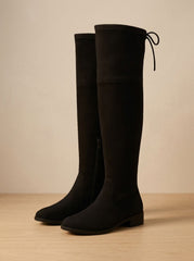 Chic Faux Suede Over-the-Knee Boots for Women with Drawstring Side-Zip Flat Heel Round-Toe Style